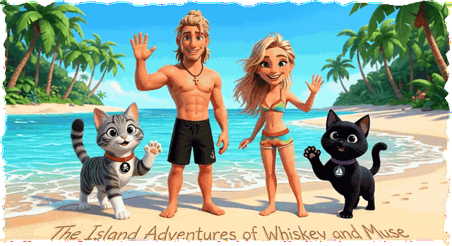 The Island Adventures of Whiskey and Muse — Captain, Sunny, Whiskey, and Muse waving on a tropical beach