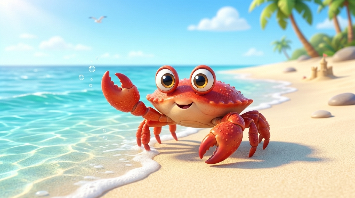 Cheerful cartoon red crab waving on a sunny tropical beach