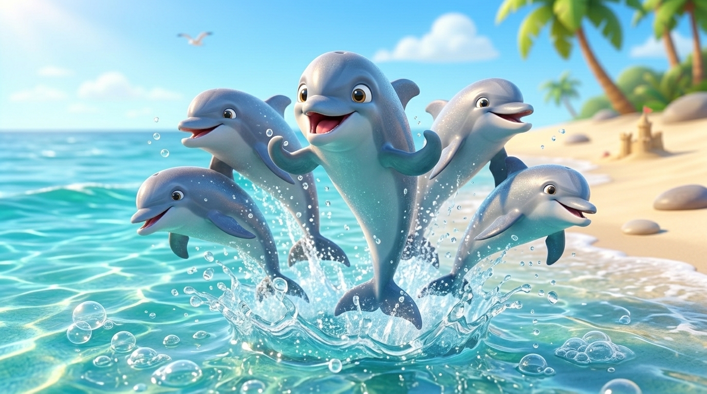 Playful cartoon dolphins leaping from turquoise ocean waves