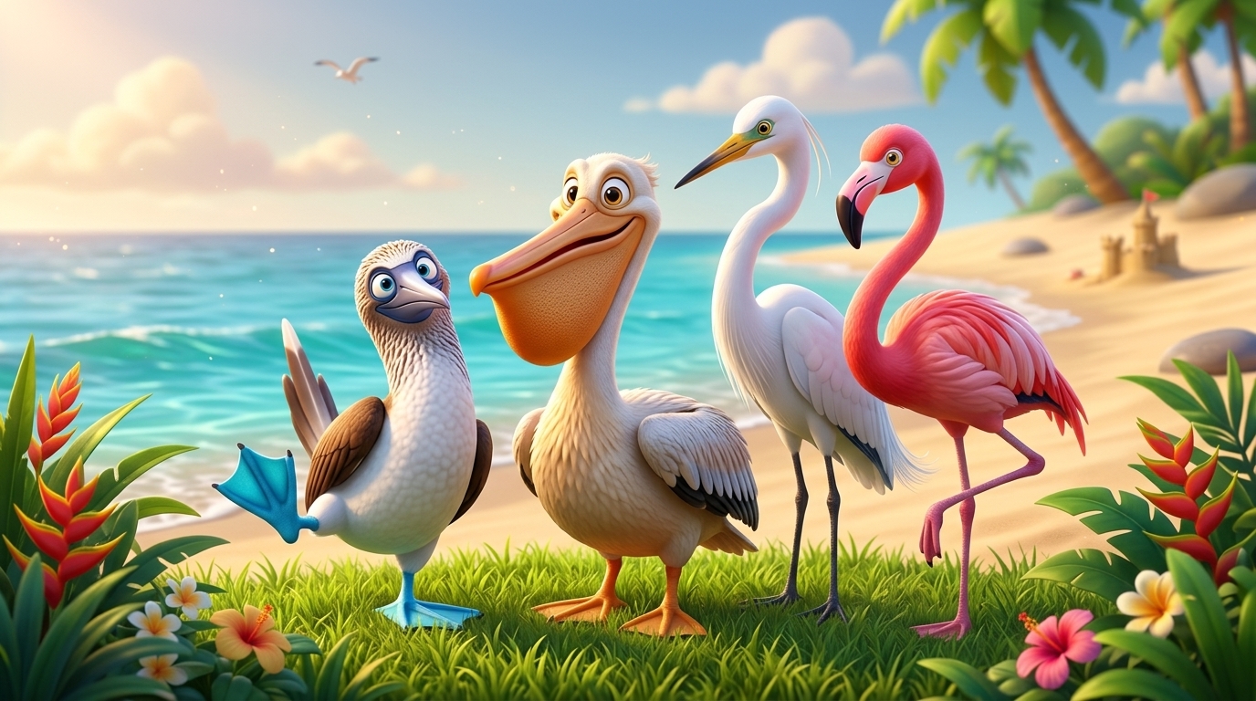 Friendly cartoon shore birds — pelican, flamingo, egret, and booby on a tropical beach