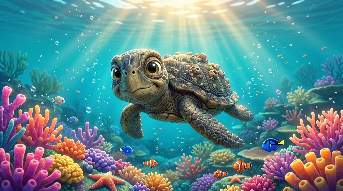 Friendly cartoon sea turtle swimming through a colorful coral reef